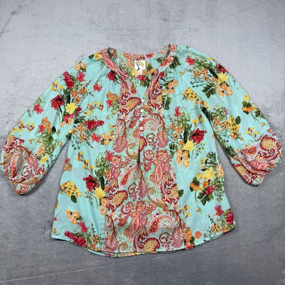 Fig & Flower Anthropologie Floral Boho Peasant Blouse Top Women's S Blue Paisley - Picture 1 of 7